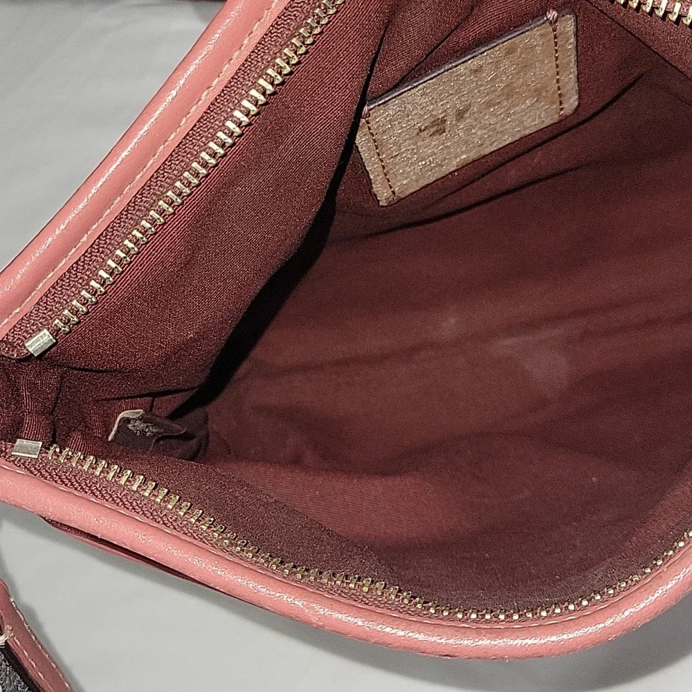 Coach Tan Signature Leather Crossbody with Burgundy Trim